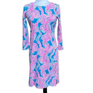 Lilly Pulitzer Charley Dress M Turtle Eclipse Pink Blue Knee Length - EUC